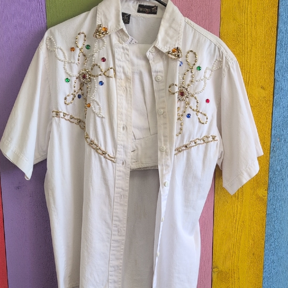 Vintage Gold and White Embellished Button Down Shirt And Shorts Set